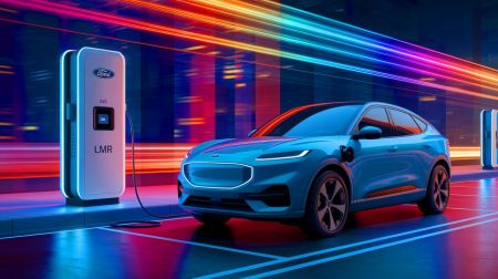 Illustration of Ford's new Lithium Manganese Rich (LMR) battery technology for electric vehicles (AI-generated, non-realistic illustration). Credit: Ideogram.