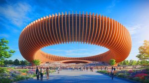 Illustration of the Grand Ring at Osaka 2025 Expo as the world's largest wooden architectural structure (AI-generated, non-realistic illustration). Credit: Ideogram.