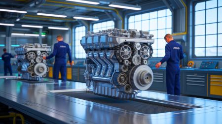 Illustration of a revolutionary crankshaft-free engine by Maurice Saint-Germain transforming energy efficiency (AI-generated, unrealistic). Credit: Ideogram.