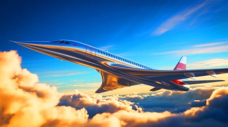 Illustration of the Comac C949 supersonic jet soaring through the skies (AI-generated, unrealistic). Credit: Ideogram.