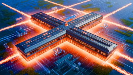 Illustration of China's ambitious fusion research advancements with a massive X-shaped facility (AI-generated, non-realistic illustration). Credit: Ideogram.