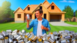 Illustration of Damian Gordon collecting cans to finance his home (AI-generated, unrealistic). Credit: Ideogram.