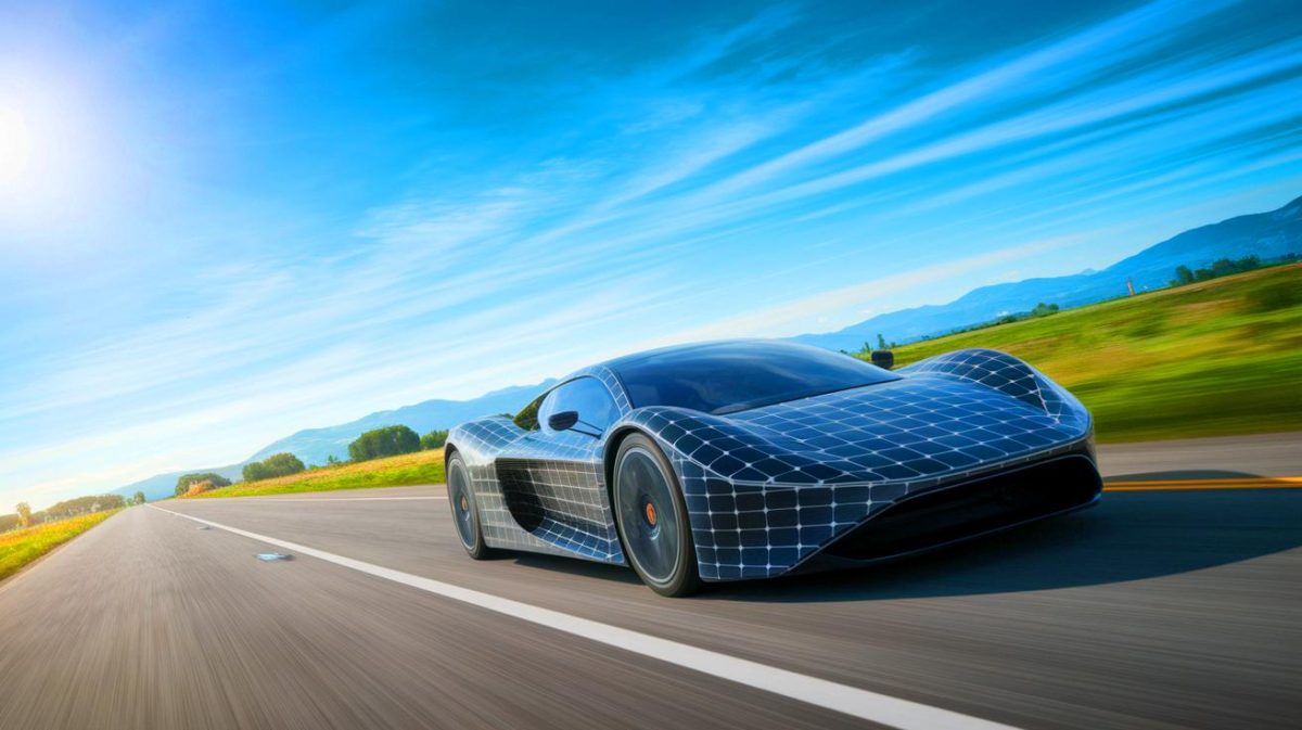 Illustration of the Aptera solar-powered electric vehicle on a road trip spanning over 300 miles (AI-generated, non-realistic illustration). Credit: Ideogram.