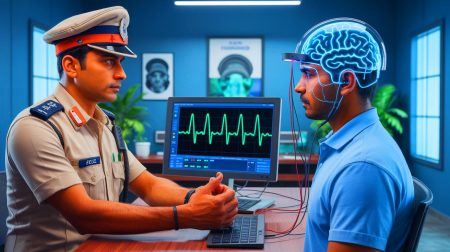 Illustration of Brain Electrical Oscillation Signature profiling used in Indian criminal investigations (AI-generated, unrealistic). Credit: Ideogram.