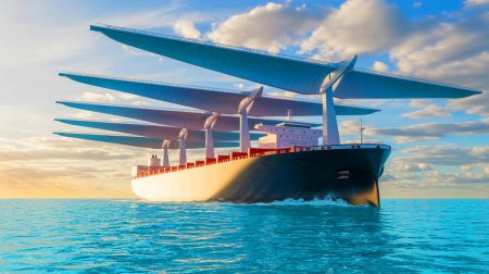 Illustration of the Canopée cargo ship utilizing OceanWings sails for sustainable maritime transport (AI-generated, unrealistic). Credit: Ideogram.