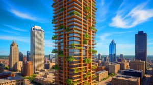 Illustration of the world's tallest wooden skyscraper in Milwaukee, showcasing sustainable architecture and innovation (AI-generated, unrealistic). Credit: Ideogram.