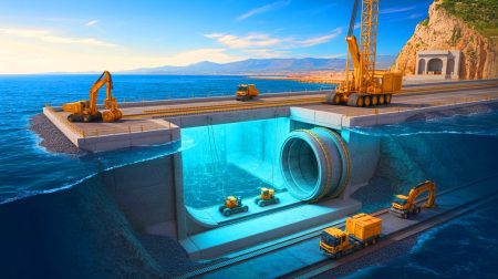 Illustration of the ambitious undersea tunnel project beneath the Strait of Gibraltar connecting Africa and Europe (AI-generated, unrealistic). Credit: Ideogram.