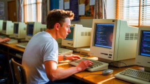 Illustration of Elon Musk's rediscovered 1989 aptitude test, showcasing his early genius in computing, generated by artificial intelligence.