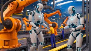 Illustration of humanoid robots working in a shipyard, collaborating with human workers.