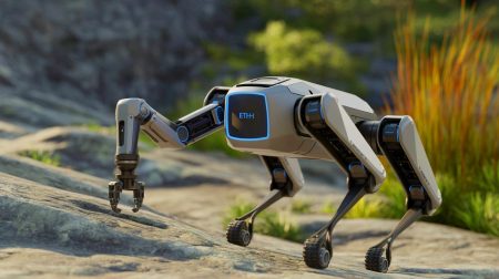 Illustration of the ANYmal robot navigating challenging terrains and performing complex tasks (AI-generated, unrealistic). Credit: Ideogram.