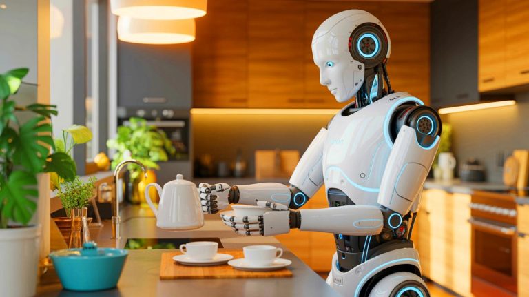 Illustration of the AlphaBot 2 humanoid robot interacting in a domestic setting (AI-generated, unrealistic). Credit: Ideogram.
