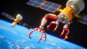 Illustration of a nature-inspired robotic arm in space designed to manage satellite maintenance and debris, generated by artificial intelligence.
