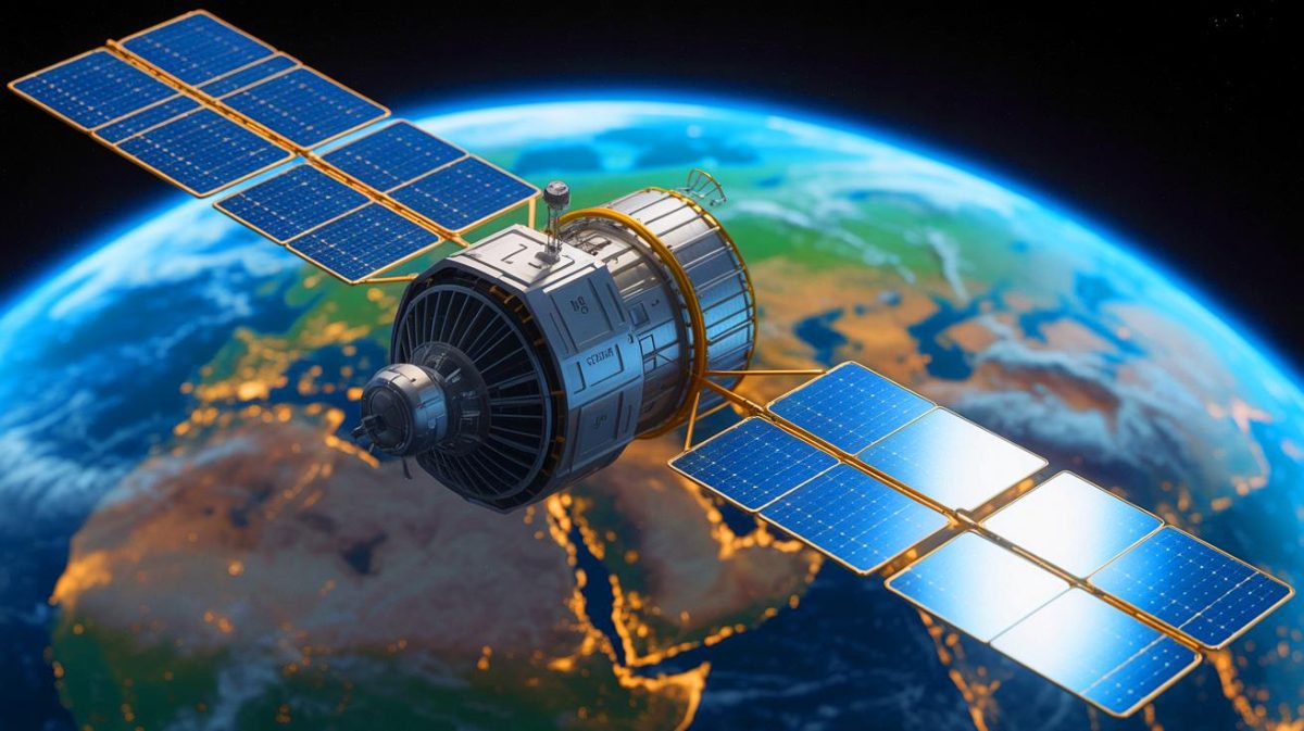 Illustration of space-based datacenters orbiting Earth, powered by solar energy, revolutionizing data processing and storage, generated by artificial intelligence.