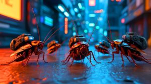 Illustration of bio-robotic cockroach swarms equipped with advanced technology for surveillance operations.