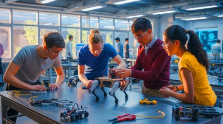 Illustration of Stanford students building and programming a quadruped robot, generated by artificial intelligence.