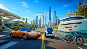 Illustration of innovative transportation solutions showcased in 2025, featuring artistic and sustainable concepts, generated by artificial intelligence.