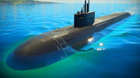 Illustration of a diesel-electric submarine operating stealthily in coastal waters.