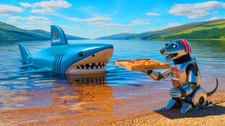 Illustration of Domino's innovative delivery methods using a submarine and robotic dogs.
