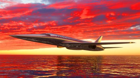 Illustration of the Spike S-512 Diplomat supersonic jet reducing flight time between New York and Paris.