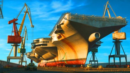 Illustration of the dismantling process of a nuclear-powered aircraft carrier.