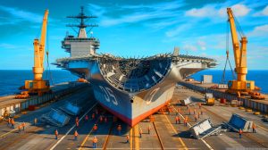 Illustration of a U.S. Navy nuclear aircraft carrier being dismantled for recycling and environmental management.