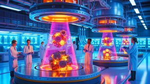 Illustration of scientists developing a method to recycle nuclear waste into tritium for fusion energy.