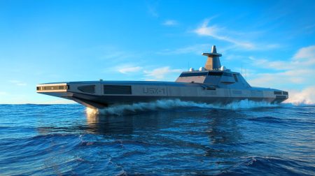 Illustration of the USX-1 Defiant, an autonomous warship designed without a crew for advanced naval operations.