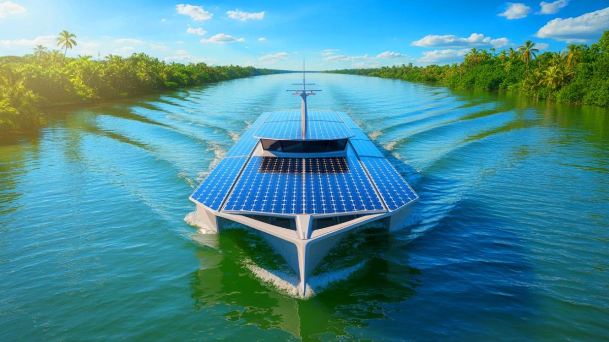 Illustration of the Blue Marlin, the world's first solar-powered hybrid river navigation vessel, highlighting its solar panels and sustainable design.