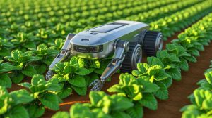 Illustration of GEAIR, an autonomous pollination robot, transforming agricultural practices with artificial intelligence.