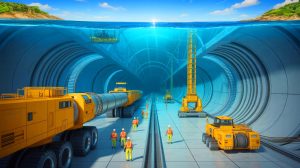 Illustration of Elon Musk's ambitious underwater tunnel project connecting America and Europe.