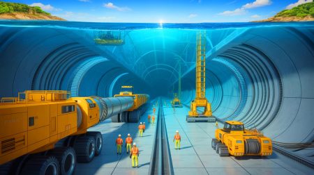 Illustration of Elon Musk's ambitious underwater tunnel project connecting America and Europe.