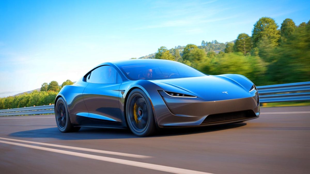 Illustration of Tesla's Roadster utilizing revolutionary adhesion technology for unprecedented acceleration performance.