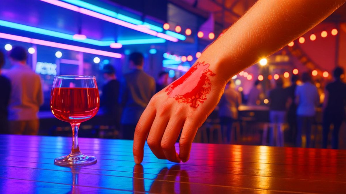 Illustration of a temporary tattoo detecting GHB in a drink for enhanced safety at social gatherings.