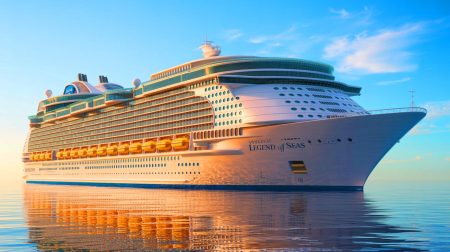 Illustration of the Legend of the Seas, the world's largest cruise ship, floating for the first time.