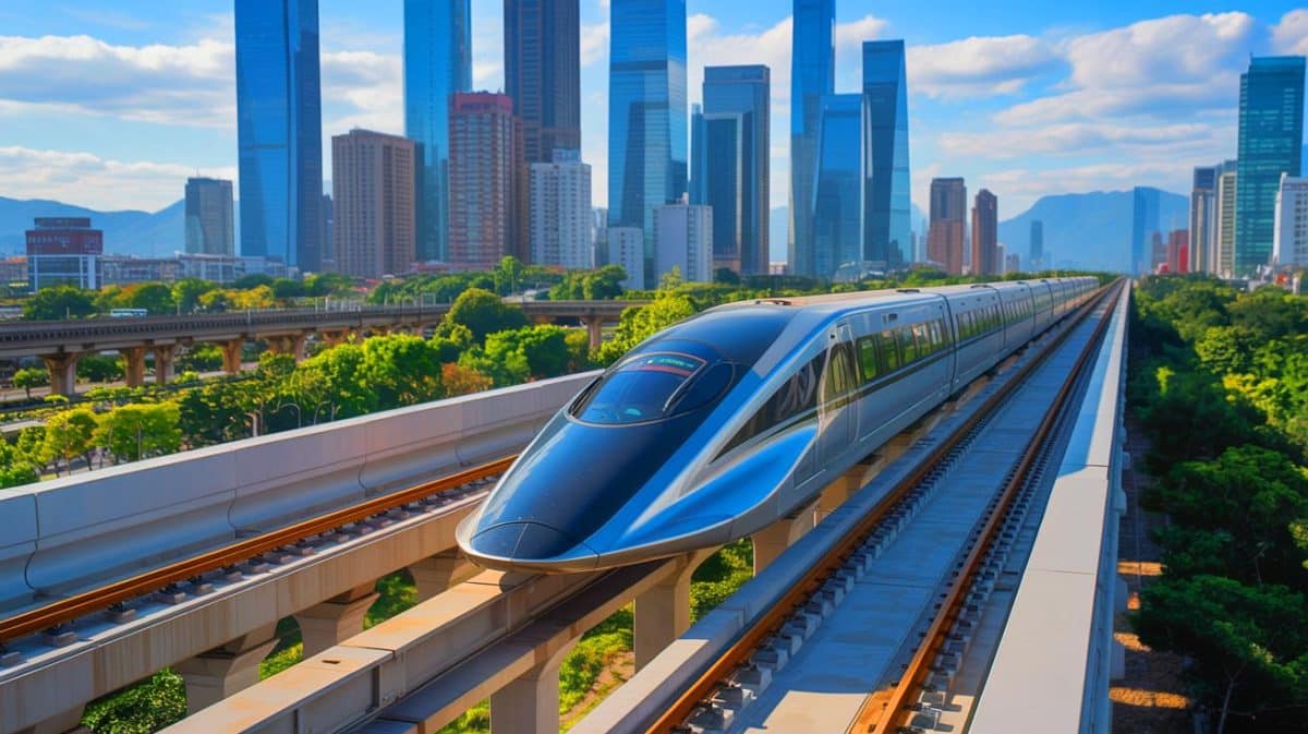 Asian Magnetic Levitation Train Reaches 600 mph: ‘A Complete Revolution That Shatters Western Railways Forever’ Illustration of a high-speed maglev train gliding on elevated tracks in an urban Asian landscape.