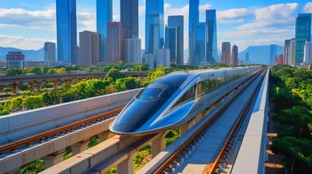 Illustration of a high-speed maglev train gliding on elevated tracks in an urban Asian landscape.