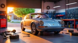 Illustration of Penelope Horlick's Porsche 911 involved in a prolonged legal saga against a mechanic.