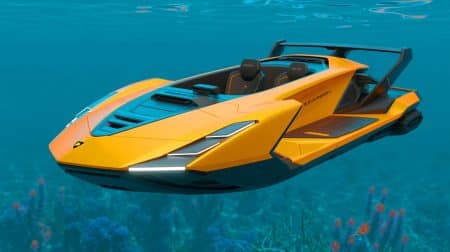 Illustration of the Seabob SE63, an aquatic vehicle inspired by Lamborghini design.