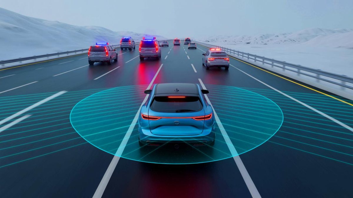 Illustration of a vehicle equipped with acoustic sensors capable of detecting sounds beyond visual range.