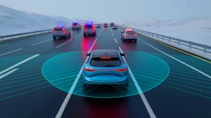 Illustration of a vehicle equipped with acoustic sensors capable of detecting sounds beyond visual range.