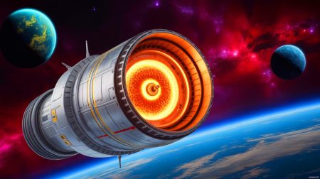 Illustration of Ohio State University's Centrifugal Nuclear Thermal Rocket (CNTR) enhancing space exploration capabilities.