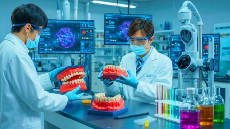 Illustration of groundbreaking Japanese research in dental regeneration through molecular biology.