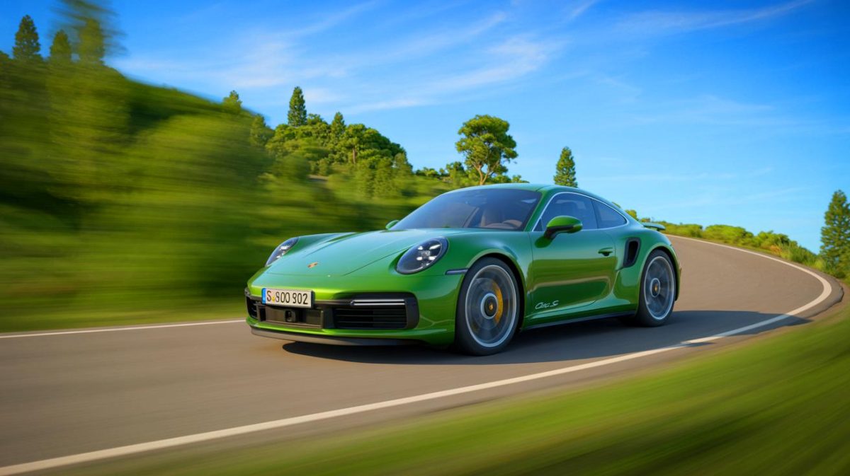 Illustration of the new Porsche 911 Turbo S featuring its revolutionary hybrid engine technology.