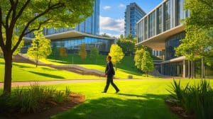 Illustration of Steve Jobs walking on the Apple campus for creative reflection.