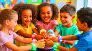 Illustration of a child using the ChromaConnect bracelet to communicate play preferences through colored lights.