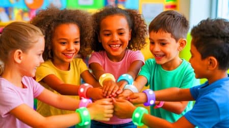 Illustration of a child using the ChromaConnect bracelet to communicate play preferences through colored lights.