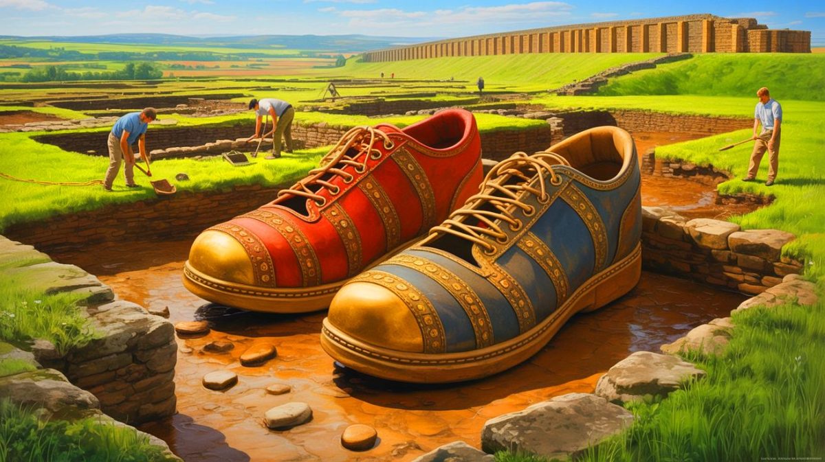 “They Found It Buried”: Giant 2,000-Year-Old Roman Shoes Shock Archaeologists and Challenge Everything We Knew About History Illustration of oversized Roman shoes discovered at the Magna archaeological site in northern England.
