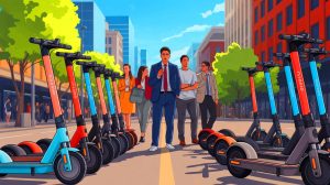 Illustration of electric scooters lined up in an urban setting, symbolizing their role in a widespread investment fraud scandal.