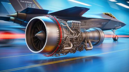 Illustration of Pratt & Whitney's advanced F135 engine powering the F-35 Lightning II fighter jet.