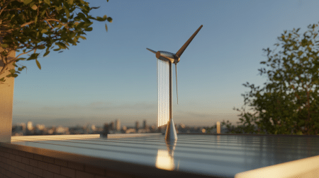 Illustration of Gevi Wind's AI-powered micro-wind turbines adapting to real-time wind conditions.